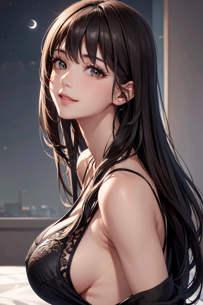 Best Quality,High resolution,8K,finelity detailed background,Masterpiece:1.2),beautiful girl,Shiny brown hair,crossed bangs,Brown eyes,Gentle look,A refreshing look,smile,Best quality,Best Quality,Aesthetic and aesthetic:1.2,Best details((Super detailed))(High-definition CG illustrations),Upper Body,Dark grey underwear, (dark gray),Slender body,night,moon,Bedroom,On the bed,smile,blush,cute,Scrounge,Looking up,Being spoiled,super model,wariza,shoot from,below