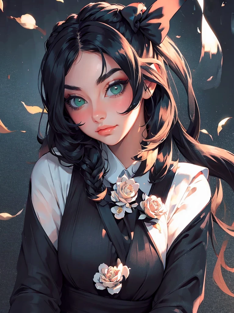 ((masterpiece, best quality)),best aesthetic,1girl, solo, long hair, black dress, flower, ribbon, black background, black hair, rose, hair ribbon, green eyes, long sleeves, white rose, closed mouth, black ribbon, upper body, cinematic lighting