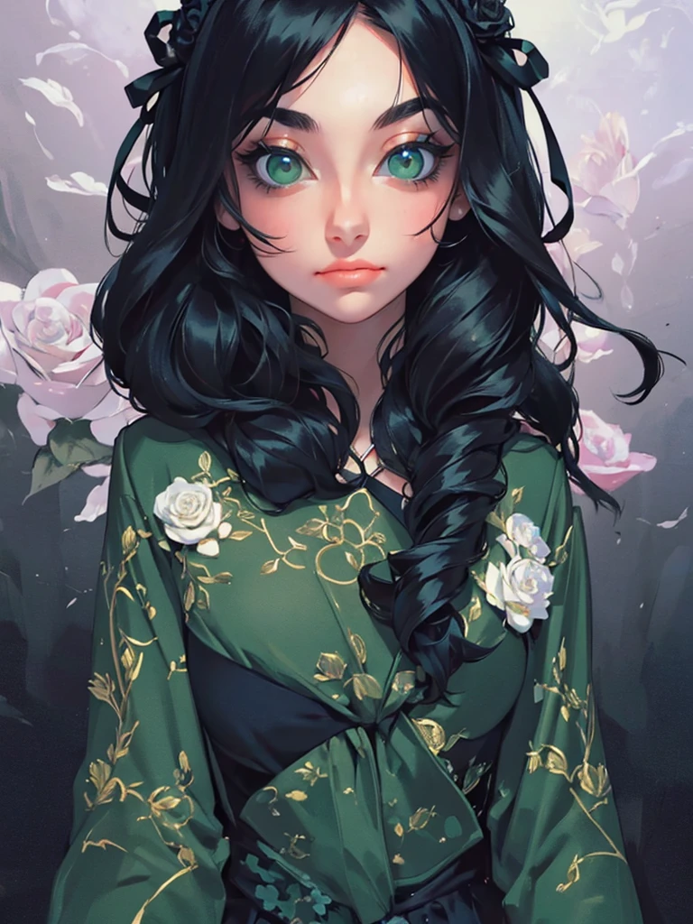 ((masterpiece, best quality)),best aesthetic,1girl, solo, long hair, black dress, flower, ribbon, black background, black hair, rose, hair ribbon, green eyes, long sleeves, white rose, closed mouth, black ribbon, upper body, cinematic lighting