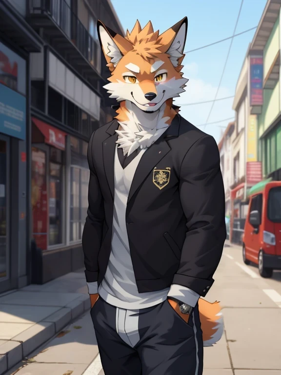 Anime: Style photo of a mignon fox with yellow eyes walking around the street, poitrine moelleuse, Renard humain, cheveux poilus, renard d’anime, Haute résolution, mâle, mignon, lait, laity fox, sourire aux coins de la bouche, sweat blanc, mince, 1.7m de haut, nsfw,