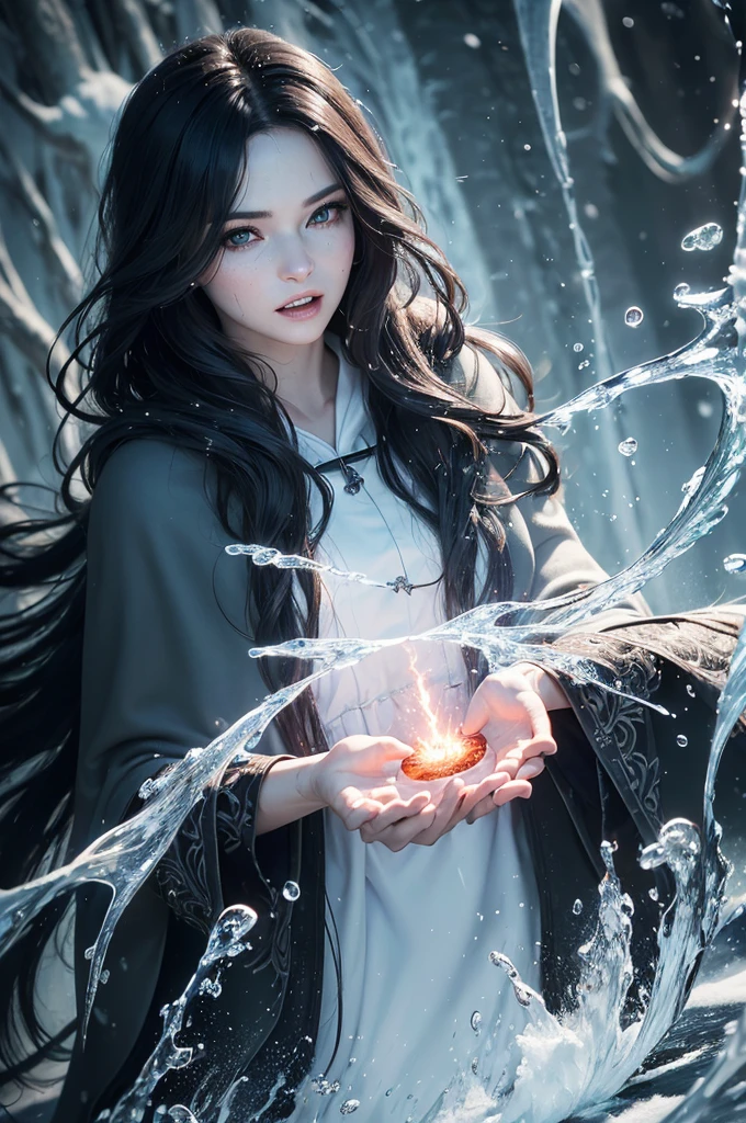 (skin dentition:1.5), realistic, realistic, (masterpiece:1.5), concept art, intricate details, very detailed, realistic, octane rendering, 8K, Unreal Engine, dynamic pose, best quality, mackerel, (realistic 얼굴:1.1), (surreal:1.1), ((saturated_body)), perfect eyes,(glowing skin:1.2), (((hair style))), (((perfect hands))), (very detailed 배경), ghost island, ((dynamic background)), ((Lightning)), (beam), (1 woman), wearing a cloak, (((flowing cloak))), ((detailed eyes, high quality snow, high quality face)), black long hair, (((flowing hair style))), 1 woman ((adjust water)), (((whirlwind of water))), ocean, tsunami, Magic, (dramatic), epic, depth of field, bokeh, 4K, Gothic, ((elegy)), Energy ball between hands