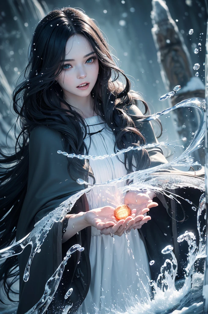 (skin dentition:1.5), realistic, realistic, (masterpiece:1.5), concept art, intricate details, very detailed, realistic, octane rendering, 8K, Unreal Engine, dynamic pose, best quality, mackerel, (realistic 얼굴:1.1), (surreal:1.1), ((saturated_body)), perfect eyes,(glowing skin:1.2), (((hair style))), (((perfect hands))), (very detailed 배경), ghost island, ((dynamic background)), ((Lightning)), (beam), (1 woman), wearing a cloak, (((flowing cloak))), ((detailed eyes, high quality snow, high quality face)), black long hair, (((flowing hair style))), 1 woman ((adjust water)), (((whirlwind of water))), ocean, tsunami, Magic, (dramatic), epic, depth of field, bokeh, 4K, Gothic, ((elegy)), Energy ball between hands