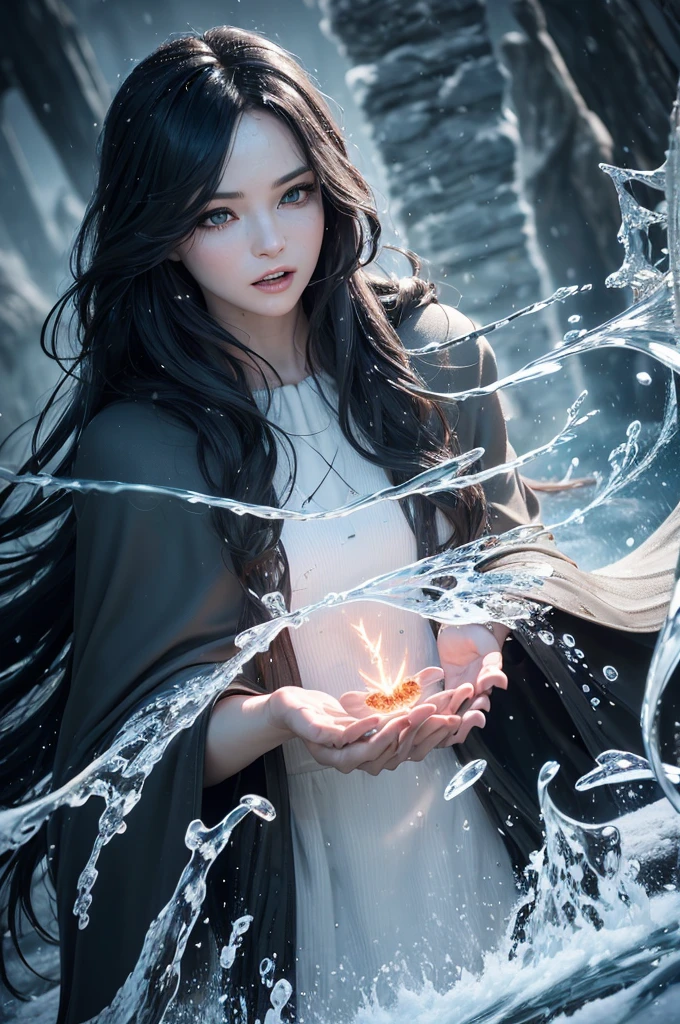 (skin dentition:1.5), realistic, realistic, (masterpiece:1.5), concept art, intricate details, very detailed, realistic, octane rendering, 8K, Unreal Engine, dynamic pose, best quality, mackerel, (realistic 얼굴:1.1), (surreal:1.1), ((saturated_body)), perfect eyes,(glowing skin:1.2), (((hair style))), (((perfect hands))), (very detailed 배경), ghost island, ((dynamic background)), ((Lightning)), (beam), (1 woman), wearing a cloak, (((flowing cloak))), ((detailed eyes, high quality snow, high quality face)), black long hair, (((flowing hair style))), 1 woman ((adjust water)), (((whirlwind of water))), ocean, tsunami, Magic, (dramatic), epic, depth of field, bokeh, 4K, Gothic, ((elegy)), Energy ball between hands