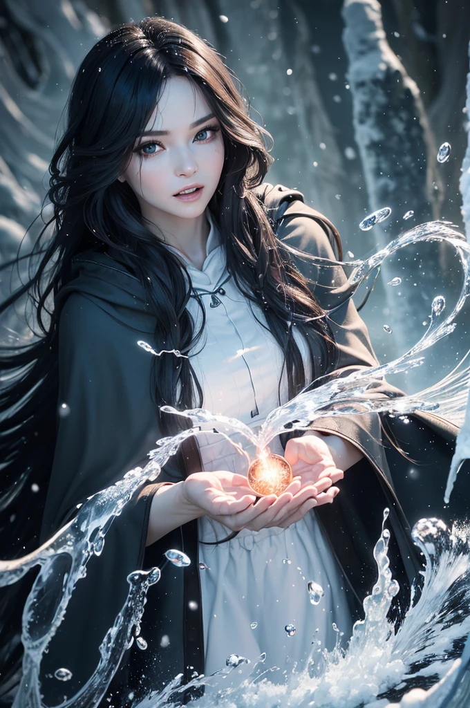 (skin dentition:1.5), realistic, realistic, (masterpiece:1.5), concept art, intricate details, very detailed, realistic, octane rendering, 8K, Unreal Engine, dynamic pose, best quality, mackerel, (realistic 얼굴:1.1), (surreal:1.1), ((saturated_body)), perfect eyes,(glowing skin:1.2), (((hair style))), (((perfect hands))), (very detailed 배경), ghost island, ((dynamic background)), ((Lightning)), (beam), (1 woman), wearing a cloak, (((flowing cloak))), ((detailed eyes, high quality snow, high quality face)), black long hair, (((flowing hair style))), 1 woman ((adjust water)), (((whirlwind of water))), ocean, tsunami, Magic, (dramatic), epic, depth of field, bokeh, 4K, Gothic, ((elegy)), Energy ball between hands