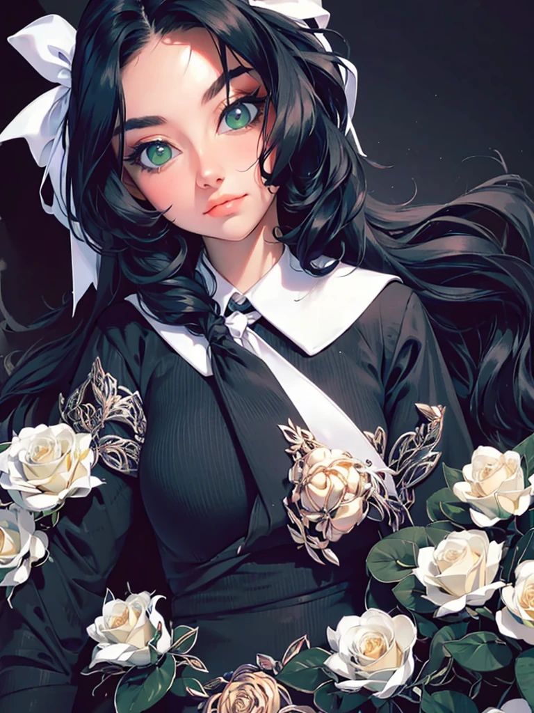 ((masterpiece, best quality)),best aesthetic,1girl, solo, long hair, black dress, flower, ribbon, black background, black hair, rose, hair ribbon, green eyes, long sleeves, white rose, closed mouth, black ribbon, upper body, cinematic lighting