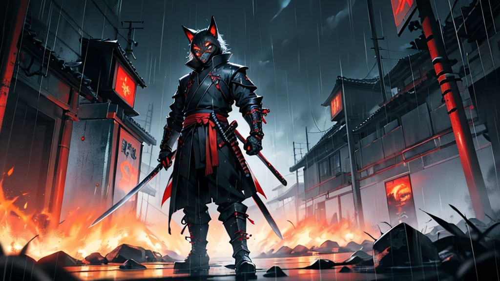 Black Cyber Samurai, Alone, Katana, Fire eye, Fox Mask, Black Costume, Red Armor, Katana, Fire eye, In The Middle of Rain
