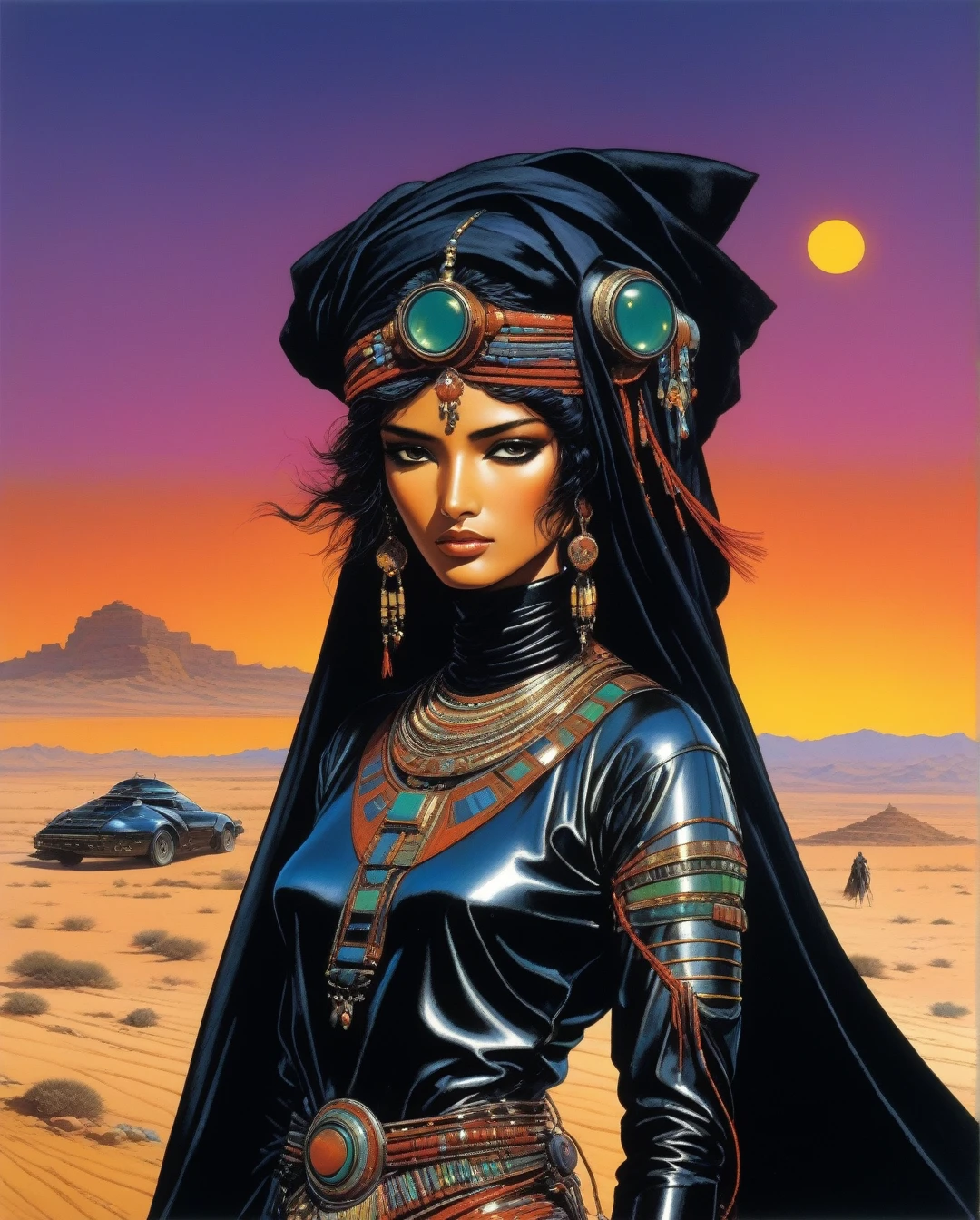 amano yoshitaka, Art style by Noriyoshi Ohrai, Hajime Sorayama, Hiroshi Nagai, (Masterpiece, Top Quality, Super Deatail, High Resolution, Best Illustration), "An exceptional Saudi Arabian Bedouin female warrior adorned in a sleek, black metallic mechanical suit, seamlessly blending traditional Bedouin elements with cutting-edge cyberpunk aesthetics. The scene is set against a backdrop of a dark, dystopian sci-fi landscape, with neon-lit deserts and futuristic cityscapes. The art style echoes the retro 1980s, capturing the essence of that era's vibrant color palette and bold design. The composition should evoke a sense of mystery and power, with intricate details highlighting the fusion of ancient Bedouin culture and advanced technology."