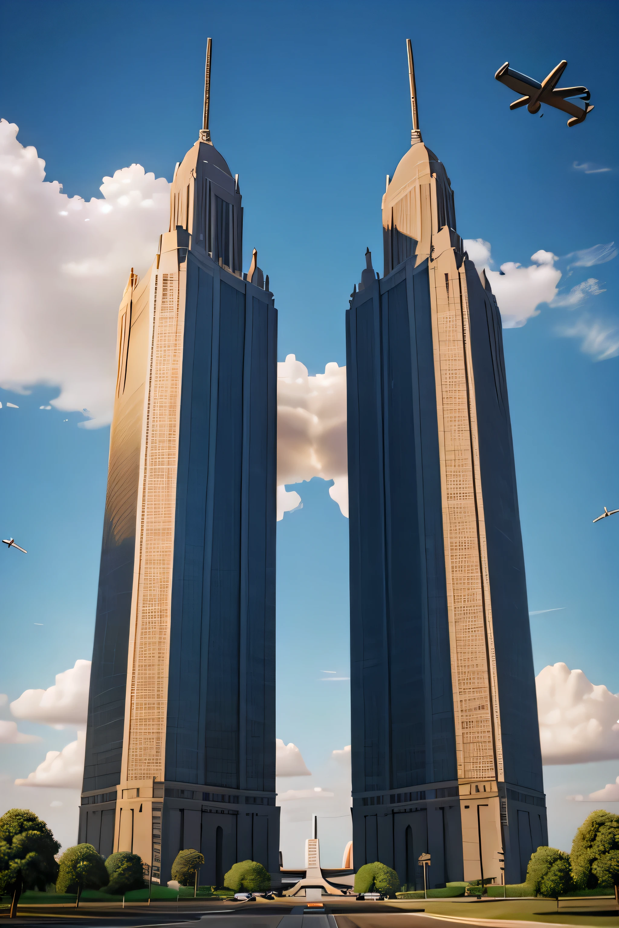  Twin towers with a plane passing in the middle 