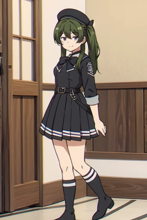((Bestquality))),((Ultra-detailed)),((illustration)),((Disheveledhair)),((frilld)),(1girl),(Solo), 1girl,hat,looking_at_viewer,solo,rating:safe,arms_behind_back,black_bow,black_bowtie,black_neckwear,boots,bow,bowtie,brown_footwear,clothing,contrapposto,cross-laced_footwear,dress,female,footwear,fur_hat,hat_ornament,headwear,knee_boots,layered_dress,long_hair,makaria,school_uniform,smile,standing,uniform,white_hat,white_headwear, purple eyes,green hair,Right side ponytail,
