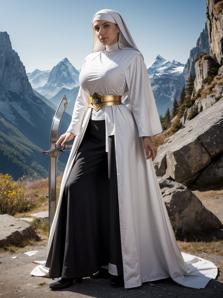 (masterpiece, top quality, best quality, official art, beautiful and aesthetic:1.2), (1girl:1.3), ((Sharp features, sharp features, hawkish features)), ((grey eyes)), busty paladin knight girl, extremely detailed, portrait, looking at viewer, solo, (full body:0.6), detailed background, full-body shot, (cold mountain nighttime glacier theme:1.1), holy knight, (nun), charlatan, smirk, mysterious, swaying in mountains, armor, polished metal, gold trim, long boots, white fabric, pelvic curtain, robe, pale leather, ((((nun, crossbow, heavy armor, armored, long legs, robes, prayer scrolls, toned, muscular)))), slim waist, slim hips, long legs, medieval (mountain exterior:1.1) background, dark mysterious lighting, shadows, magical atmosphere, dutch angle