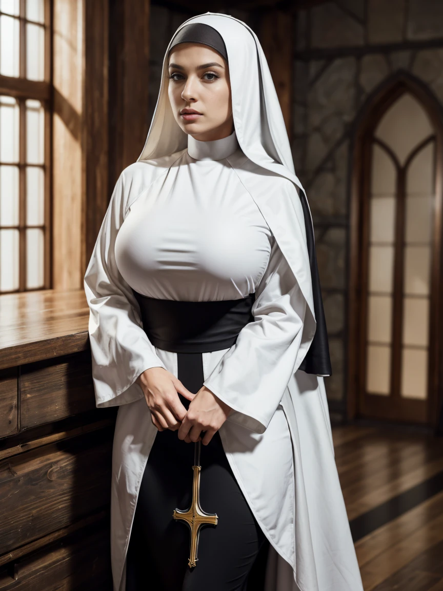 (masterpiece, top quality, best quality, official art, beautiful and aesthetic:1.2), (1girl:1.3), ((Sharp facial features, sharp features, hawkish features)), ((grey eyes)), busty paladin knight girl, extremely detailed, portrait, looking at viewer, solo, (full body:0.6), detailed background, full-body shot, (cold mountain nighttime glacier theme:1.1), holy knight, (nun), charlatan, smirk, mysterious, swaying in mountains, armor, polished metal, gold trim, long boots, white fabric, pelvic curtain, robe, pale leather, ((((nun, crossbow, heavy armor, armored, long legs, robes, prayer scrolls, toned, muscular)))), slim waist, slim hips, long legs, medieval (mountain exterior:1.1) background, dark mysterious lighting, shadows, magical atmosphere, dutch angle