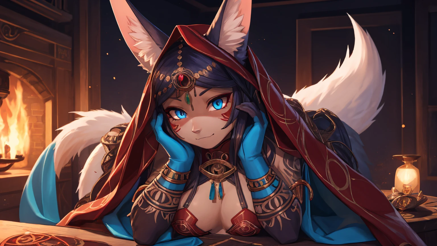 the best definition,(1 ) High Definition, kitsune ears, tribal tattoo, flirtatious girl, Small breasts add_detail, magician girl add_detail, sensual pose, horny girl, expression of sarcasm puts his hands to his face with an expression of mischief add_detail, detailed pupils, deep blue color add_detail:1