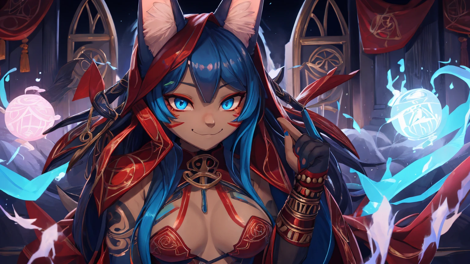 the best definition,(1 ) High Definition, kitsune ears, tribal tattoo, flirtatious girl, Small breasts add_detail, magician girl add_detail, sensual pose, horny girl, expression of sarcasm puts his hands to his face with an expression of mischief add_detail, detailed pupils, deep blue color add_detail:1