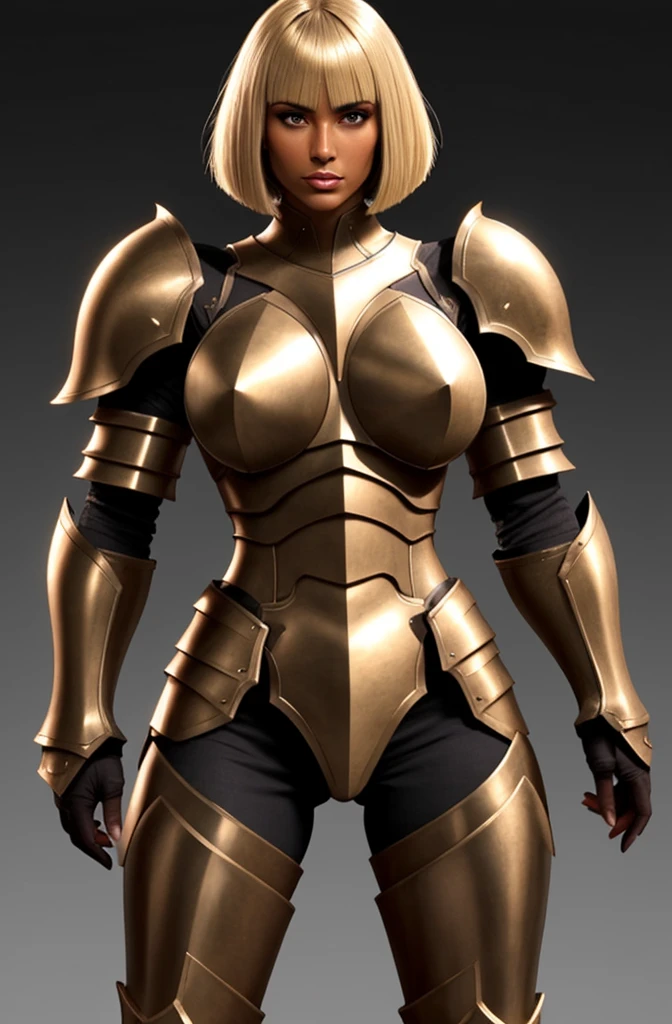 bronze skin, tanned, gorgeous woman, full body shot, muscular, blank background, black background, blonde, heavy armour, bobcut