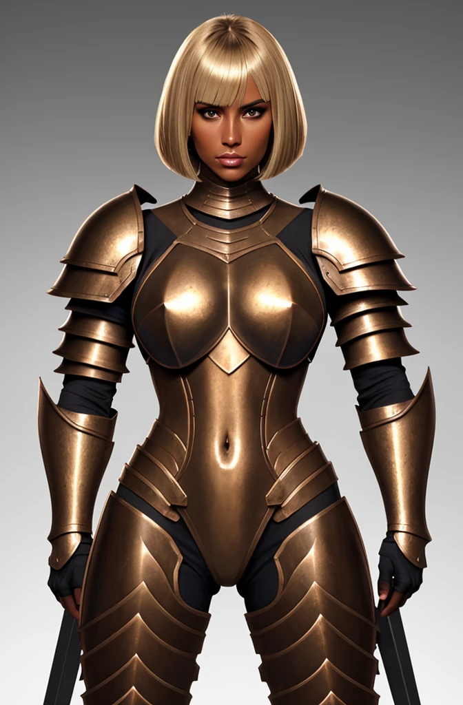 bronze skin, tanned, gorgeous woman, full body shot, muscular, blank background, black background, blonde, heavy armour, bobcut