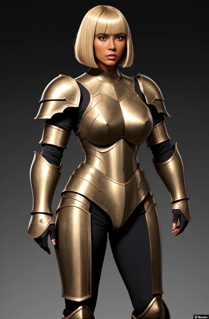 bronze skin, tanned, gorgeous woman, full body shot, muscular, blank background, black background, blonde, heavy armour, bobcut