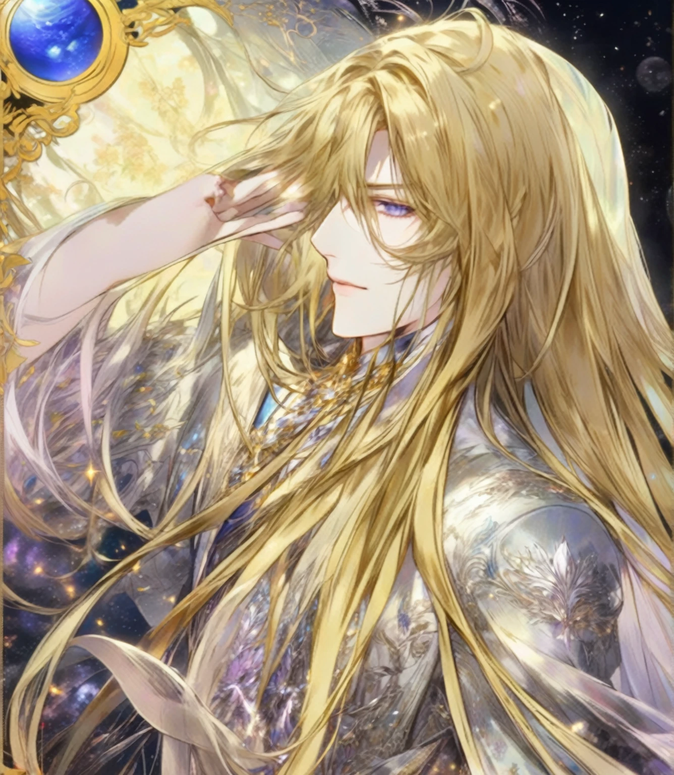 (masterpiece, 8K, Absurd, Digital Art, Digital Illustration, Realistic, Very detailed, Realistic lighting), (Perfect Face, Perfect Eyes, Perfect body), male,1 person, Adult,male的な,Person with long hair, Portrait of the Magical Silver-Haired Prince, ((Beautiful Fantasy Empress)), Beautiful androgynous prince, A delicate androgynous prince, anime key visual of elegant, Long, flowing, gorgeous silver hair, Anime Art Nouveau Space Display, Detailed Key Anime Art, Shadowverse Style, Flowing hair and long robes