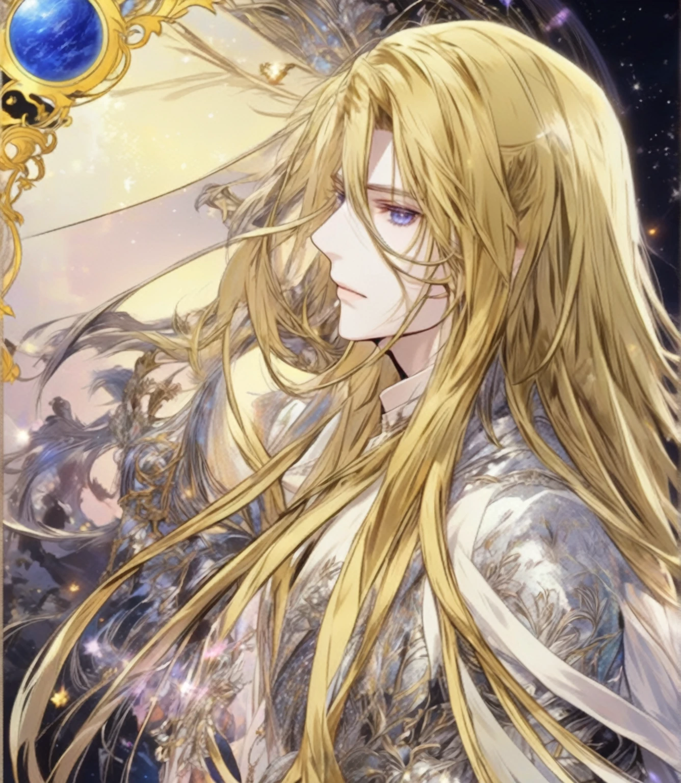 (masterpiece, 8K, Absurd, Digital Art, Digital Illustration, Realistic, Very detailed, Realistic lighting), (Perfect Face, Perfect Eyes, Perfect body), male,1 person, Adult,male的な,Person with long hair, Portrait of the Magical Silver-Haired Prince, ((Beautiful Fantasy Empress)), Beautiful androgynous prince, A delicate androgynous prince, anime key visual of elegant, Long, flowing, gorgeous silver hair, Anime Art Nouveau Space Display, Detailed Key Anime Art, Shadowverse Style, Flowing hair and long robes