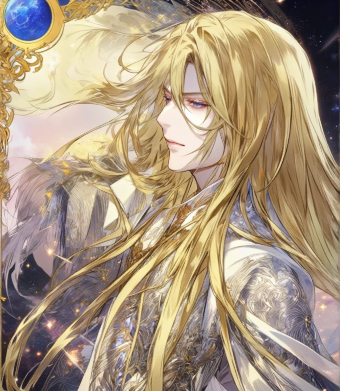 (masterpiece, 8K, Absurd, Digital Art, Digital Illustration, Realistic, Very detailed, Realistic lighting), (Perfect Face, Perfect Eyes, Perfect body), male,1 person, Adult,male的な,Person with long hair, Portrait of the Magical Silver-Haired Prince, ((Beautiful Fantasy Empress)), Beautiful androgynous prince, A delicate androgynous prince, anime key visual of elegant, Long, flowing, gorgeous silver hair, Anime Art Nouveau Space Display, Detailed Key Anime Art, Shadowverse Style, Flowing hair and long robes