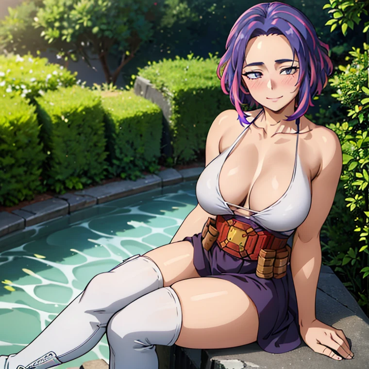 1girl, alone, lady nagant,(best quality, ultra detailed), ((full-face blush)), (detailed background:1.2), (perfect face, detailed face), looking at viewer, (mature female:1.4), smile lady_nagant, large breasts, short hair, sleeveless, streaked hair, bare shoulders, medium hair, belt, dress, purple hair,multicolored hair ,boots (garden, outdoors, sitting), perfect hands, perfect anatomy ((en bikini de color blanco y  toda mojada))