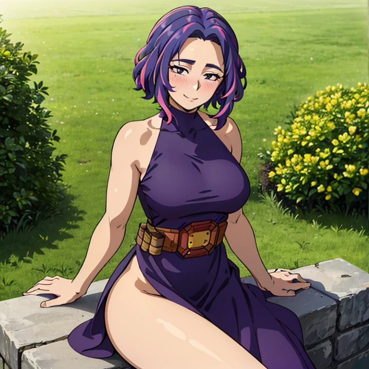 1girl, alone, lady nagant,(best quality, ultra detailed), ((full-face blush)), (detailed background:1.2), (perfect face, detailed face), looking at viewer, (mature female:1.4), smile lady_nagant, large breasts, short hair, sleeveless, streaked hair, bare shoulders, medium hair, belt, dress, purple hair,multicolored hair ,boots (garden, outdoors, sitting), perfect hands, perfect anatomy ((en bikini de color blanco y  toda mojada))