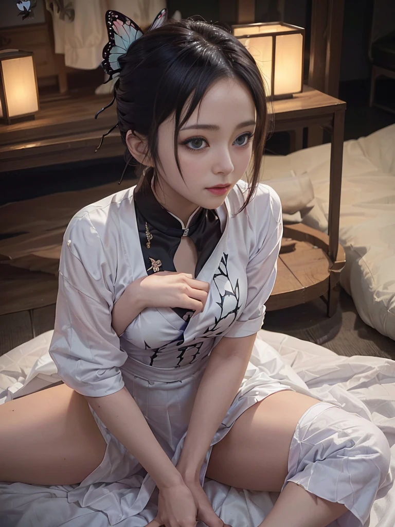 Tolerate, Demon slayer, Shinobu Kocho, anime, 22 years old, ((Butterfly themed costume, A black haori coat with a butterfly pattern, Brown full-body military uniform)), ((Tolerateコスプレ)), ((A very cute caucasian 22 years old mom cosplaying shinobu), ((Blur the background)), 1 Girl, Wide range photograph撮影, Wide range, (Mature Woman), Long and beautiful face, Clear Face, Realistic Face, True Face, Absolute reality, ((Hot body)), ((Demon slayer dress)), ((Demon slayer)), ((Tolerateドレス)), ((Cosplay Dresses)), Huge , Covered, (((Realistic))), ((Dress neatly)), waist curve pose, surface side, (8K, RAWphotograph, Highest quality, masterpiece), (Realistic, Realistic: 1.9), ((Full Body Shot)), Stylish pose, ((Highly detailed skin: 1.2)), ((Realistic: 1.9)), photograph, masterpieces, Highest quality, (Beautiful Blue Eyes, Gorgeous pale gray black curly hair, White skin, Thick body, Coarse hairs on lower abdomen, perfect slim figure), Various poses, Highly detailed face, Fine grain, Many people are looking at her with excitement., (((close))), Light of the sun, Cinematic, ((photograph撮影)), photograph