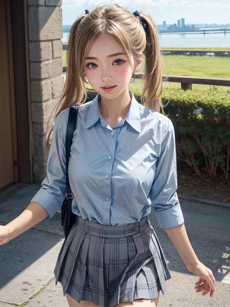 (masterpiece:1.3, Highest quality, Ultra-high resolution, Very detailed), (Realistic:1.1, photoRealistic:1.4), Beautiful illustrations, Perfect lighting, colorful, Written boundary depth, Beautiful detailsまでこだわった髪, Beautifully detailed face, Beautiful details, Beautiful clavicle, Beautiful body, Beautiful breasts, Beautiful thighs, Beautiful legs, Beautiful fingers, View your audience, 1 Girl, Japanese, high school girl, Perfect Face, (Perfect Anatomy, Anatomically correct), Cute and symmetrical face, Baby Face, Sunburn, Shiny skin, (Mid-length hair:1.5, Twin tails:1.2, blonde), Asymmetricの前髪, blue eyes, Long eyelashes, (Medium Chest), thin, ((Collared short-sleeved shirt, Light blue shirt, , Grey plaid pleated skirt, To the Navy)), No pants, (Beautiful views), evening, (Outdoor, distant cityscape), Are standing, (peace sign), (Cute Smile, 鬠红、Upward glance, Open your mouth), (Open Girl&#39;Cat:1.3), hour々squat:1.2,Put your finger in your pussy:1.5,((A large amount of pee is sprayed from the vagina)),(((Very few, Young face and breasts))),,(((Sexy Fishnet Stockings for Women,Asymmetric,Bare shoulders,Erotic costumes,Open crotch,mesh,Sex))),