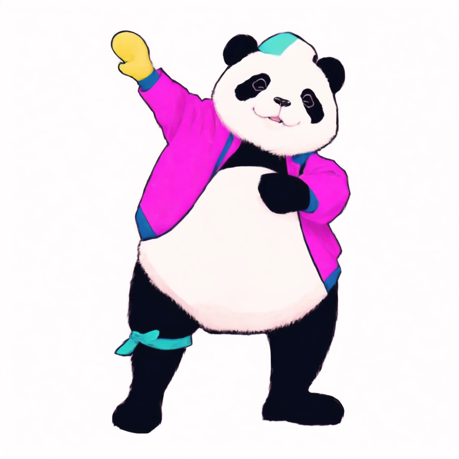 panda bear in a pink jacket and black pants with a pink jacket, panda panda panda, panda, Inspired by Zhu Da, cute panda, a cute giant panda, dancing character, He's dancing, kung fu panda, inspired by Luo Ping, No gradient, Wooden plates, pan ren wei, pat, Black person