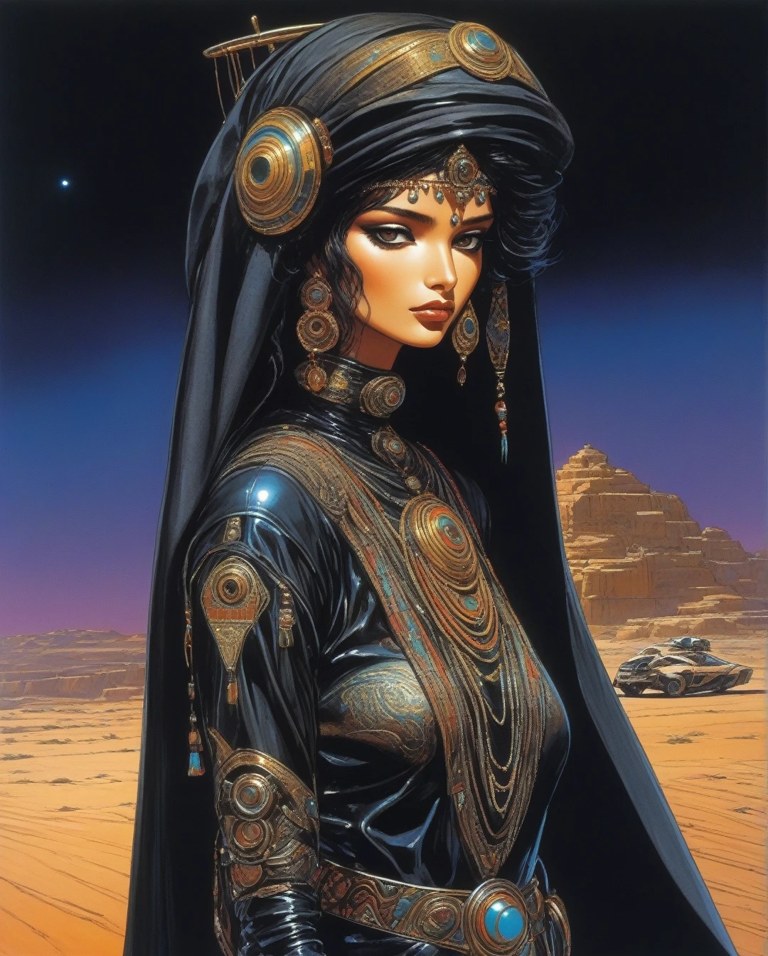 amano yoshitaka, Art style by Noriyoshi Ohrai, Hajime Sorayama, Hiroshi Nagai, (Masterpiece, Top Quality, Super Deatail, High Resolution, Best Illustration), "An exceptional Saudi Arabian Bedouin female warrior adorned in a sleek, black metallic mechanical suit, seamlessly blending traditional Bedouin elements with cutting-edge cyberpunk aesthetics. The scene is set against a backdrop of a dark, dystopian sci-fi landscape, with neon-lit deserts and futuristic cityscapes. The art style echoes the retro 1980s, capturing the essence of that era's vibrant color palette and bold design. The composition should evoke a sense of mystery and power, with intricate details highlighting the fusion of ancient Bedouin culture and advanced technology."