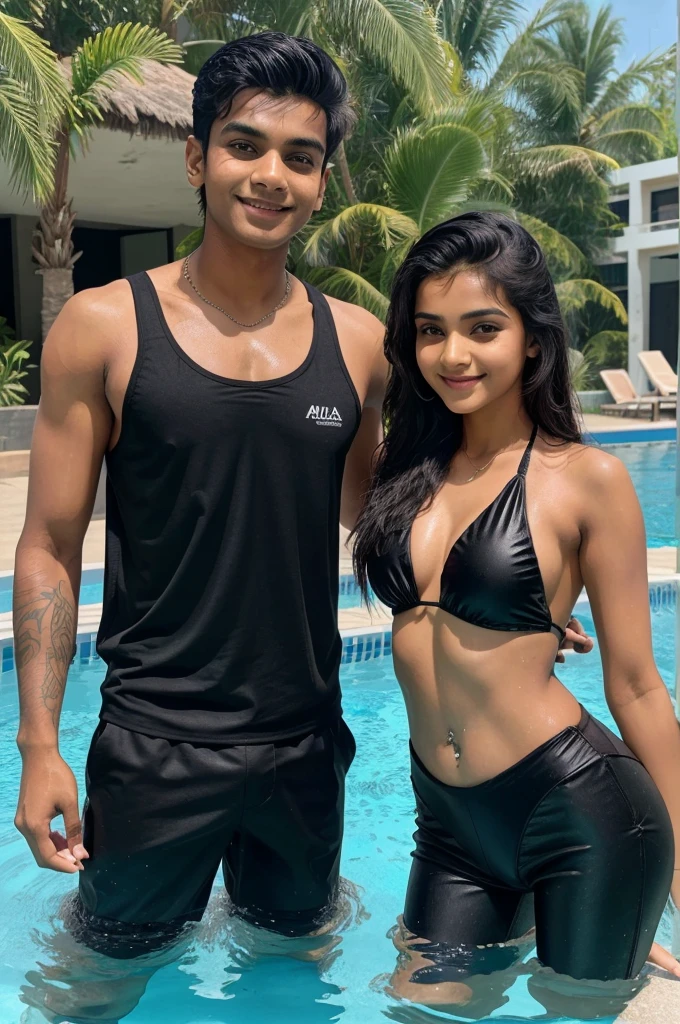 Copy realistic indian  cute boy and 15 yearbeutirl smile in chest to chest in Water withboy black colour swimming costume on theswimming pool with sunday an water and a on,wearing a black pants with tattoo name "Sunil &Soni boy, with back background with big capitalletter name water park", loveng mood, realistic 