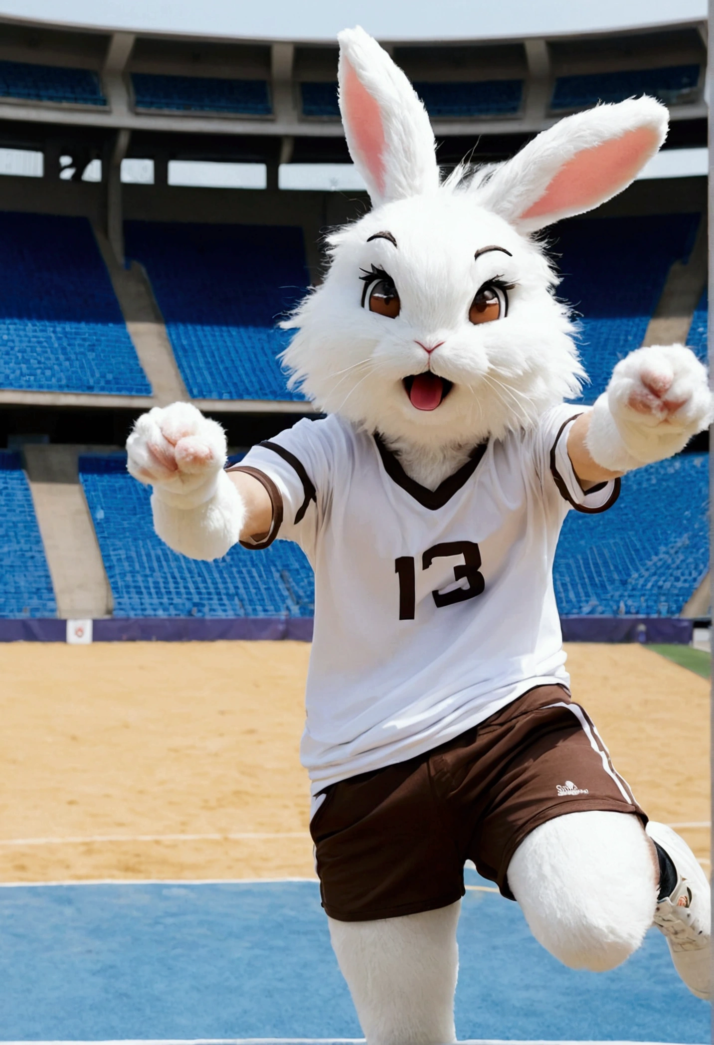 By bebebebebe, by lostgoose, by goonie-san, furry, male, bunny, frustrated, angry, small, brown eyes, fit, slim, white fur, curly white hair, jersey, shorts, volleyball, stadium background, jumping, right arm behind head, left arm pointing up, legs bent, facing camera