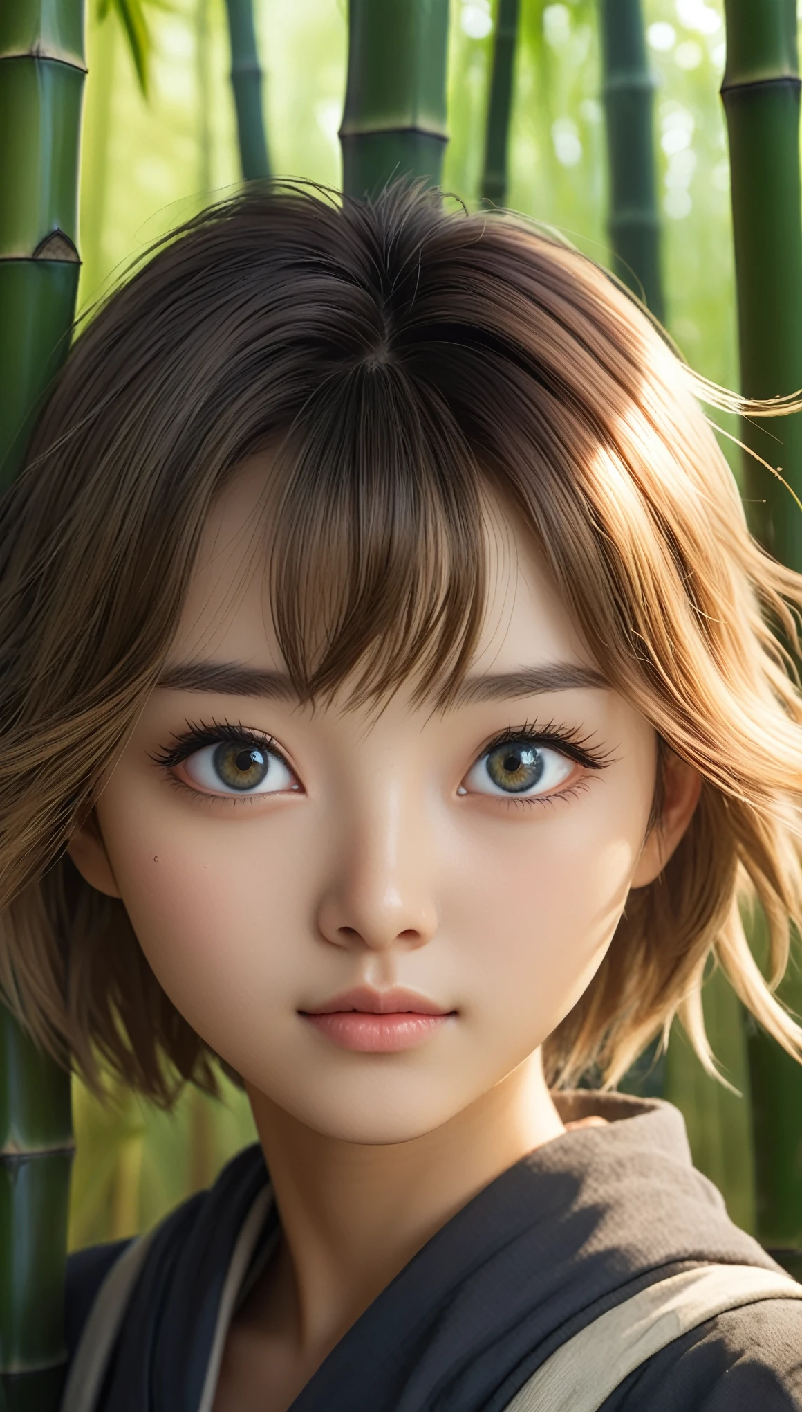 masterpiece, best quality, soft lighting, absurdres, 1girl, solo focus, skin imperfection, skindentation, perfect face, puffy face, beautiful face, big eyes, puffy eyes, perfect eyes, eyelashes, 
Hu Tao (genshin impact) from genshin impact, outdoor, bamboo forest, 8k, UHD, HDR, (Masterpiece:1. 5), (best quality:1. 5)
traditional japanese clothing.