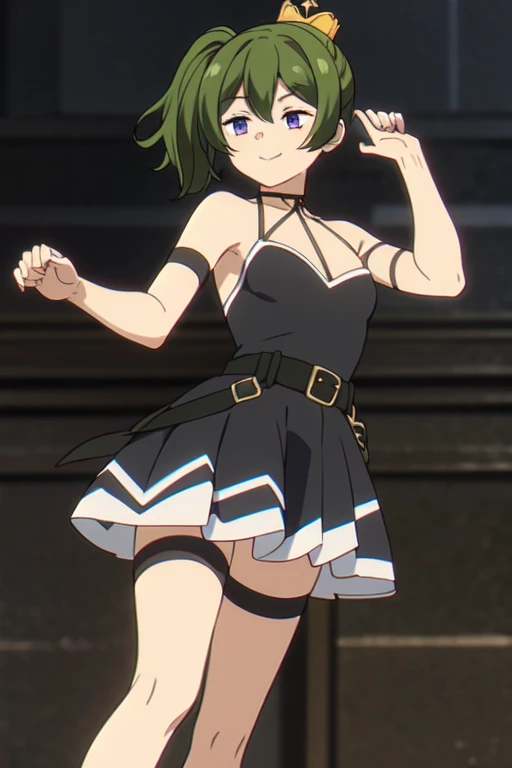 ((Bestquality))),((Ultra-detailed)),((illustration)),((Disheveledhair)),((frilld)),(1girl),(Solo), 1girl,solo,rating:safe,armband,armpits,arms_up,ballerina,ballet,ballet_slippers,bare_arms,bare_shoulders,black_dress,black_footwear,blue_ribbon,breasts,circle_skirt,cleavage,clothing,crossed_legs,crown,dress,pointe,female,garter,hair_bun,hair_rings,headwear,legs,looking_at_viewer,makaria,plantar_flexion,ribbon,see-through,short_hair,single_hair_bun,small_breasts,smile,standing_on_one_leg,standing,tiara,tied_hair, purple eyes,green hair,