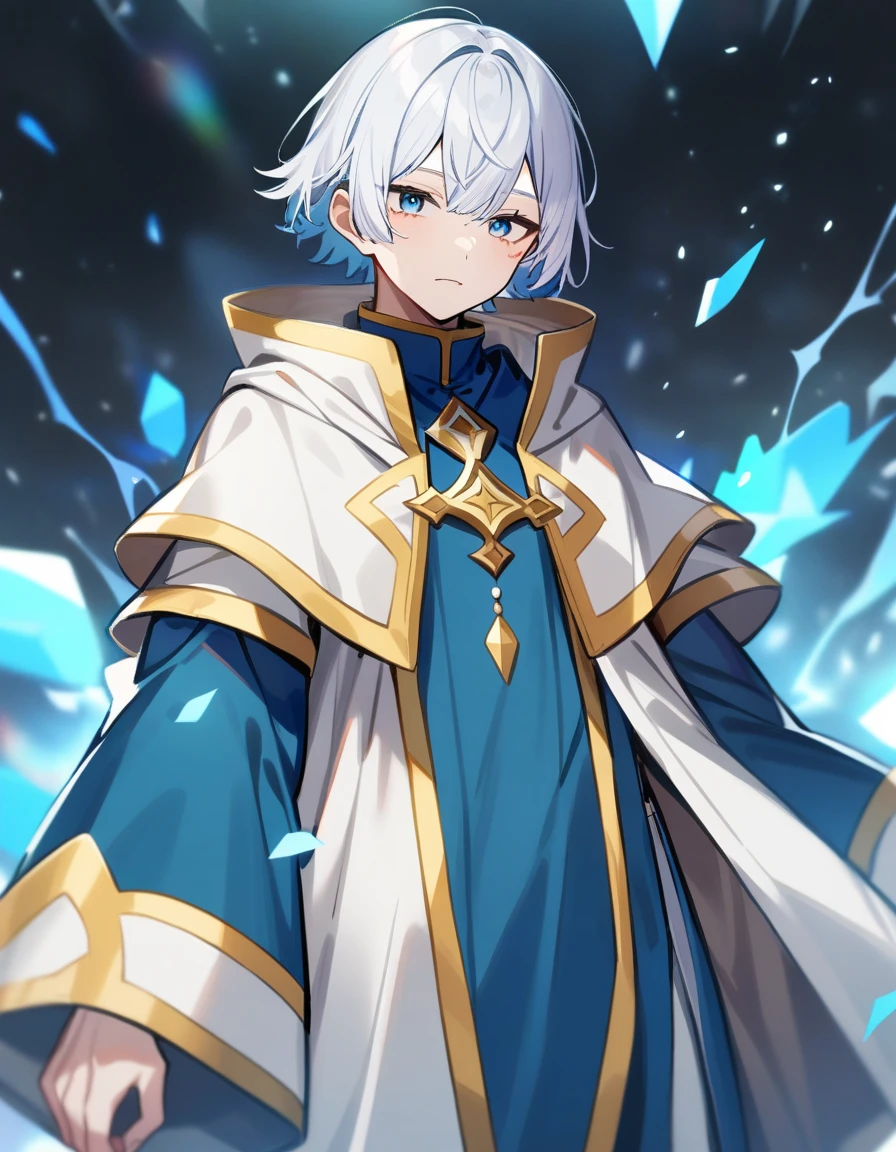 1boy, cleric , white short hair , blue clothes