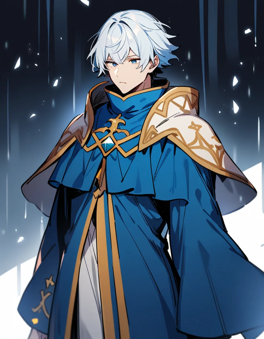1boy, cleric , white short hair , blue clothes