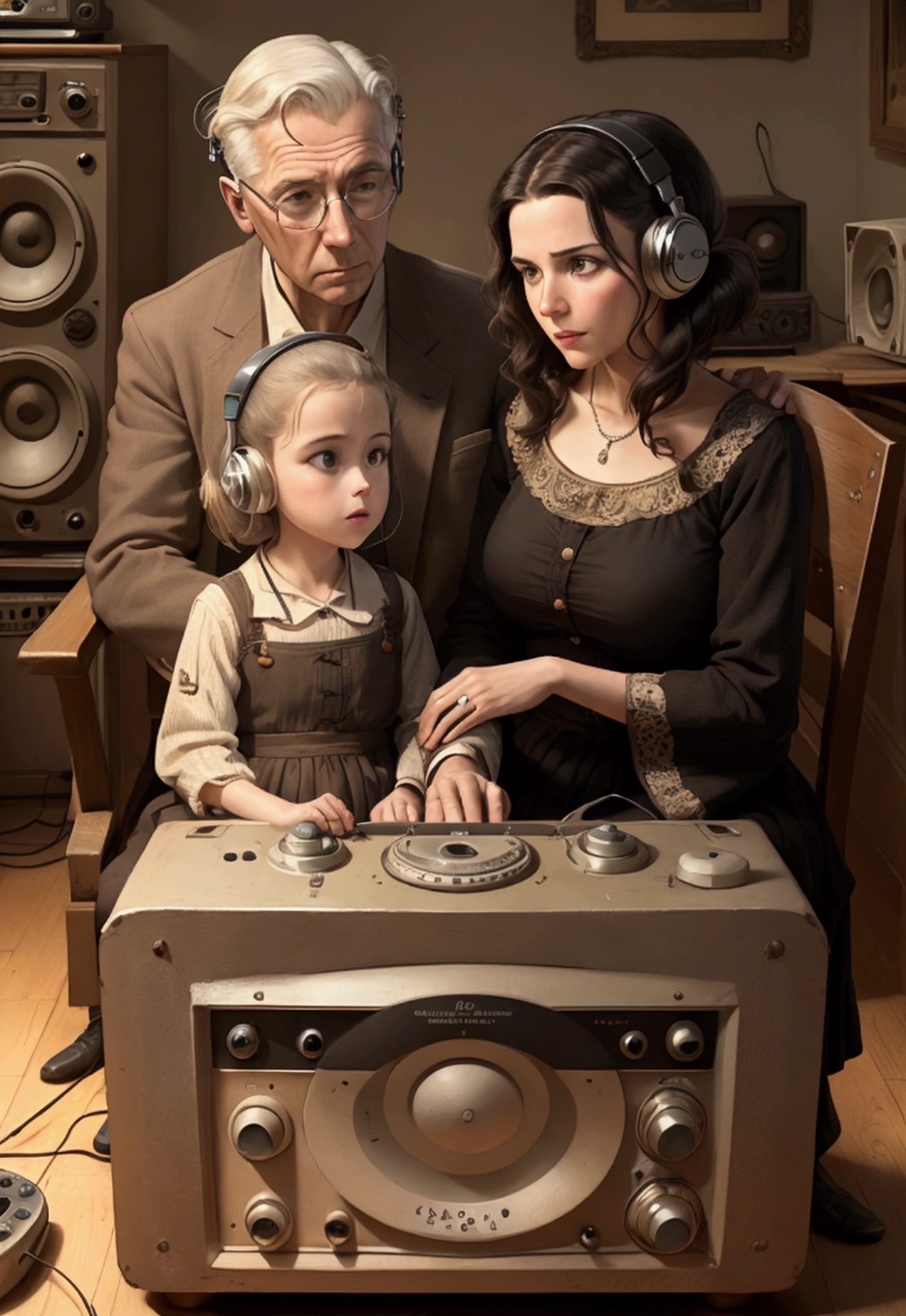 create an image of a family listening to old radio