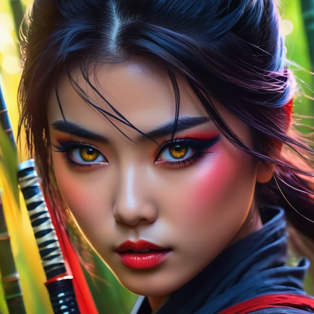 a ninja girl in a watercolor painting, beautiful detailed eyes,beautiful detailed lips,extremely detailed eyes and face,longeyelashes,1girl,ninja outfit,katana sword,bamboo forest background,watercolor painting,vibrant colors,dramatic lighting,cinematic composition,fantasy art,concept art,masterpiece,best quality,8k,ultra-detailed,photorealistic,physically-based rendering,vivid colors,dramatic lighting