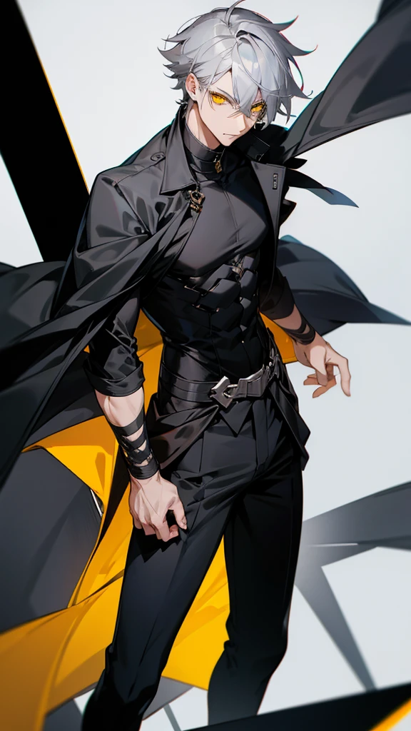 Male character with gray hair and yellow eyes and black clothes 