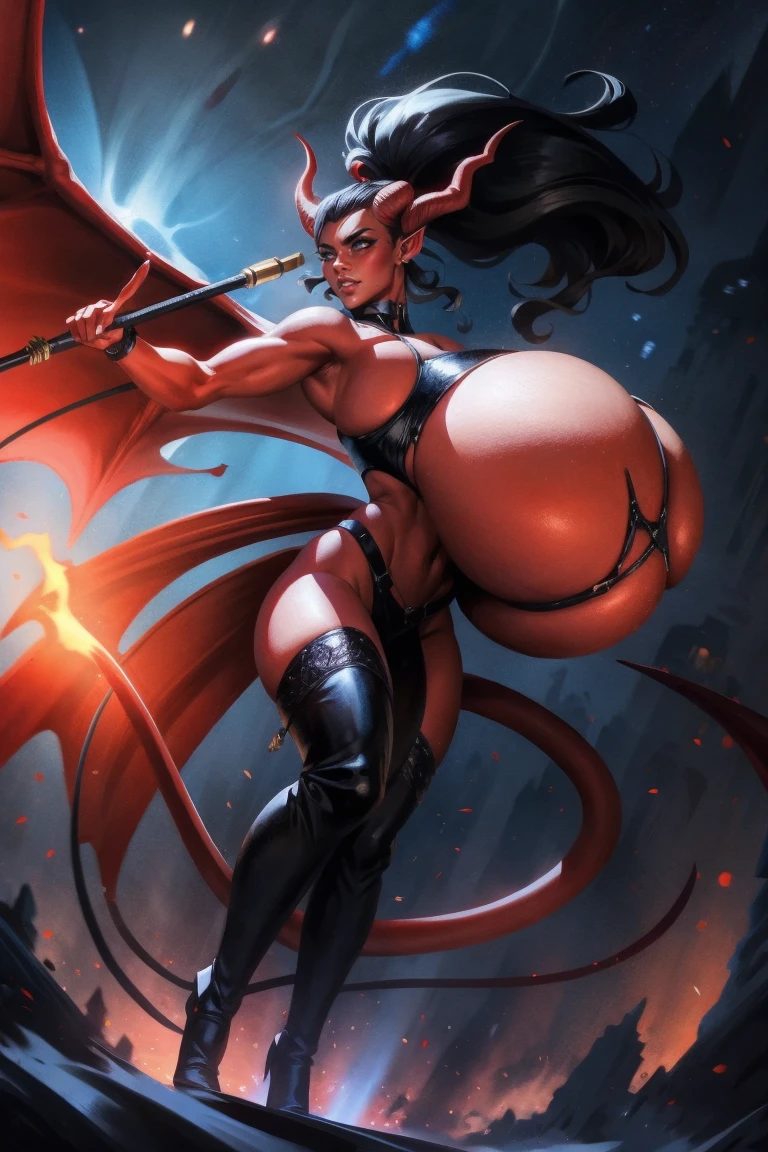 Red skin succubus tiefling, full breasts, gigantic breasts, black horns, wings, huge tail, black leather, crop top, long flowing pelvic curtain, tall, athletic, graceful, thin, long black ponytail. Action scene, whip. Dark scene, explosions, night sky.