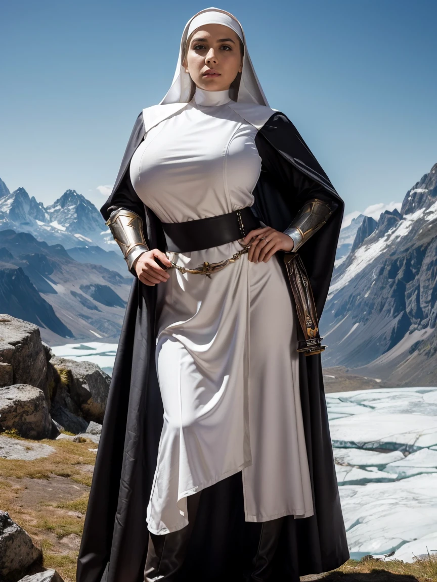 (masterpiece, top quality, best quality, official art, beautiful and aesthetic:1.2), (1girl:1.3), ((Sharp facial features, sharp features, hawkish features)), ((grey eyes)), busty paladin knight girl, extremely detailed, portrait, looking at viewer, solo, (full body:0.6), detailed background, full-body shot, (cold mountain nighttime glacier theme:1.1), holy knight, (nun), charlatan, smirk, mysterious, swaying in mountains, armor, polished metal, gold trim, long boots, white fabric, pelvic curtain, robe, pale leather, ((((nun, crossbow, heavy armor, armored, long legs, robes, prayer scrolls, toned, muscular)))), slim waist, slim hips, long legs, medieval (mountain exterior:1.1) background, dark mysterious lighting, shadows, magical atmosphere, dutch angle