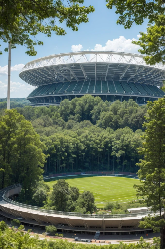 Forest with a stadium in the background