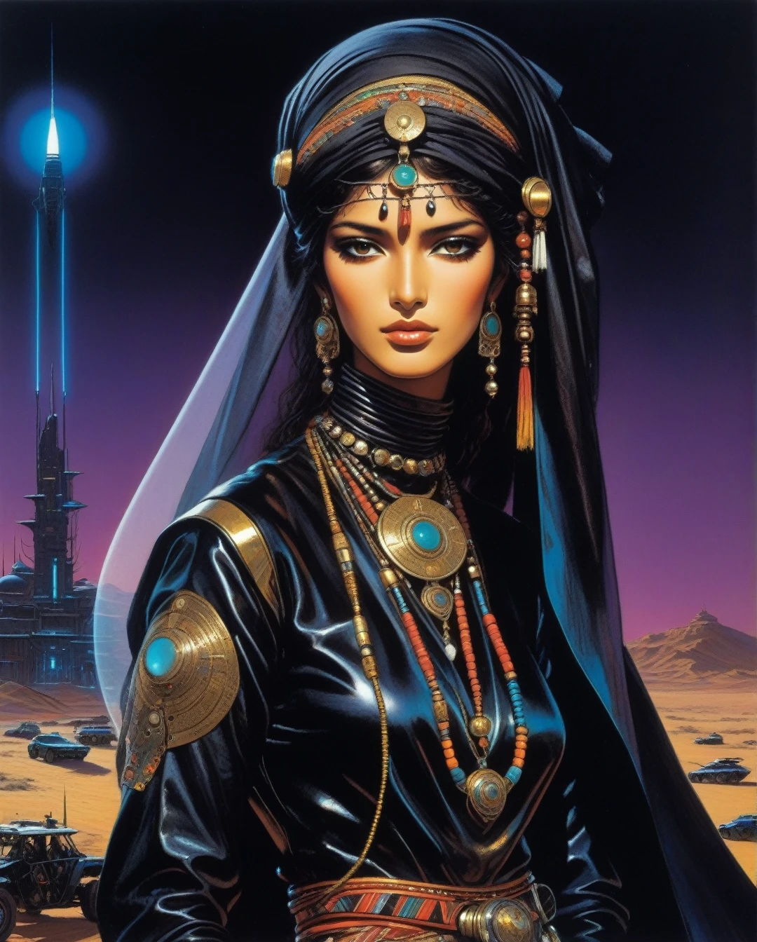 amano yoshitaka,  Art style by Noriyoshi Ohrai, Hajime Sorayama, Hiroshi Nagai, (Masterpiece, Top Quality, Super Deatail, High Resolution, Best Illustration), "An exceptional Saudi Arabian Bedouin female warrior adorned in a sleek, black metallic mechanical suit, seamlessly blending traditional Bedouin elements with cutting-edge cyberpunk aesthetics. The scene is set against a backdrop of a dark, dystopian sci-fi landscape, with neon-lit deserts and futuristic cityscapes. The art style echoes the retro 1980s, capturing the essence of that era's vibrant color palette and bold design. The composition should evoke a sense of mystery and power, with intricate details highlighting the fusion of ancient Bedouin culture and advanced technology."