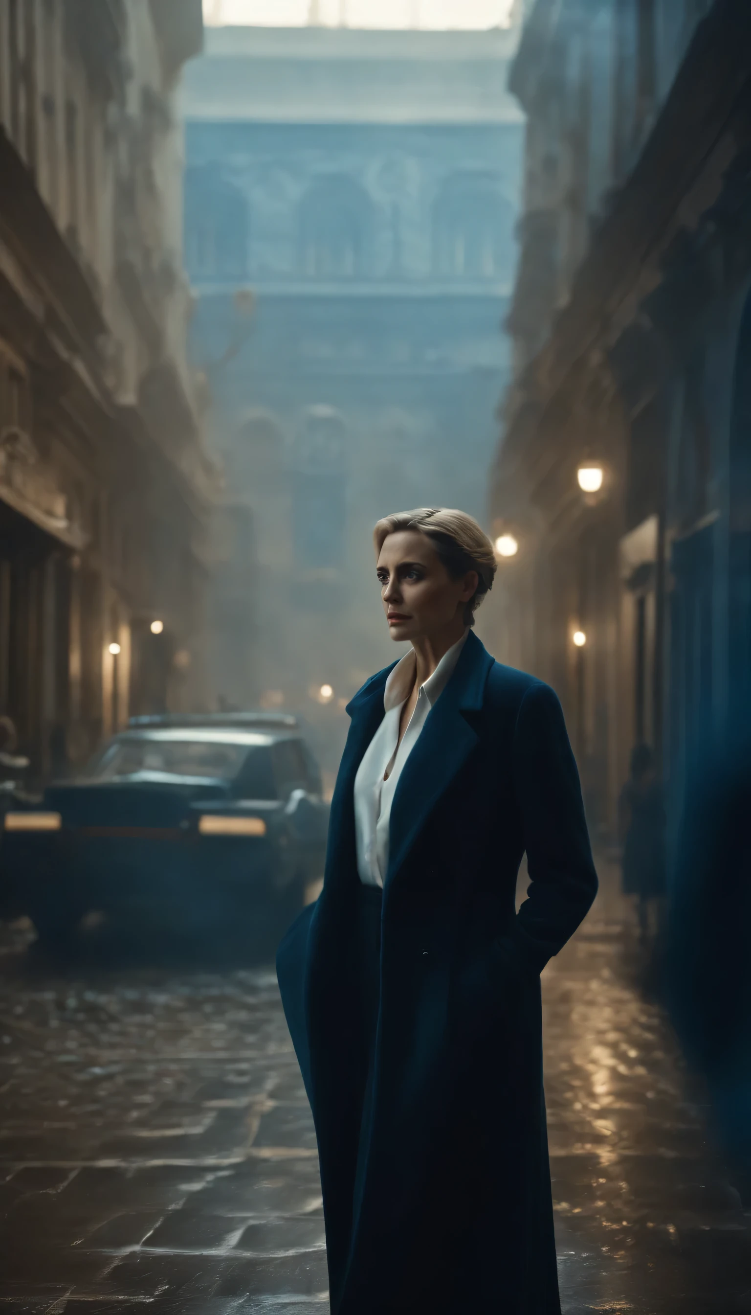 Lena, known for her honesty, lost everything after being fired and ostracized for telling the truth, pucture of younger Angelina Jolie looking sad all alone in her neat and beautiful aprtment, 
A wealthy businessman, Marcus, offered her a job with a six-figure salary, picture Idris elba,
8k epic-realistic imagery, blue scenery like a movie scene, old american setting, inspired by blade runner movie scene, blue tone