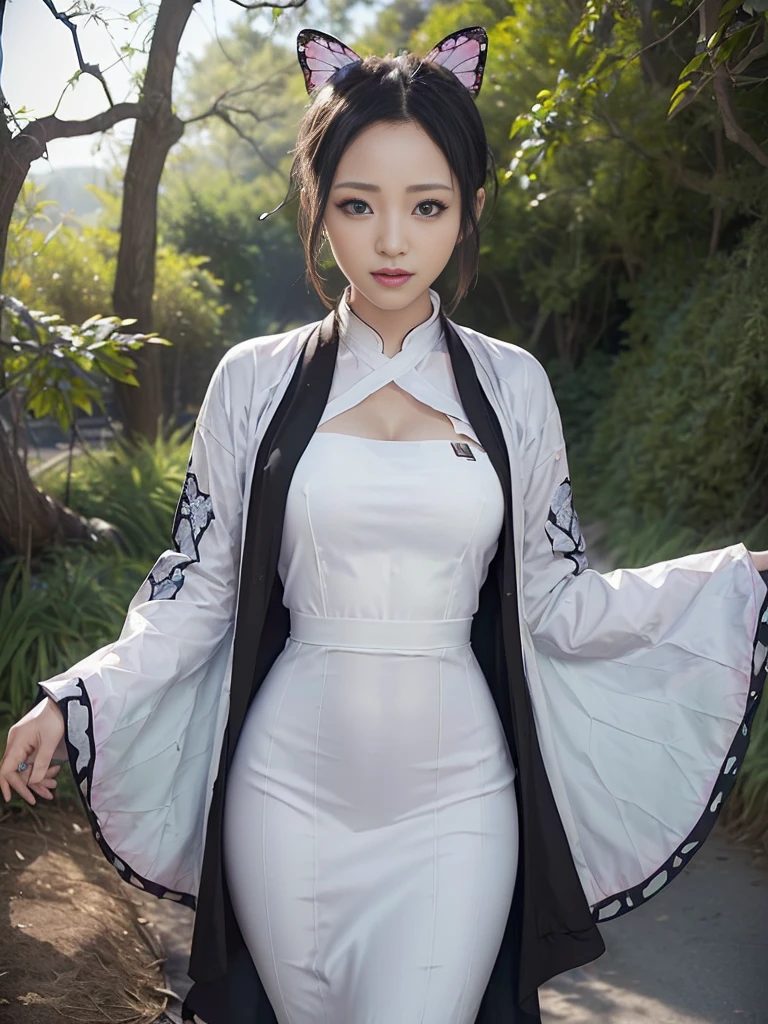 Tolerate, Demon slayer, Shinobu Kocho, anime, 22 years old, ((Butterfly themed costume, A black haori coat with a butterfly pattern, Brown full-body military uniform)), ((Tolerateコスプレ)), ((A very cute caucasian 22 years old mom cosplaying shinobu), ((Blur the background)), 1 Girl, Wide range photograph撮影, Wide range, (Mature Woman), Long and beautiful face, Clear Face, Realistic Face, True Face, Absolute reality, ((Hot body)), ((Demon slayer dress)), ((Demon slayer)), ((Tolerateドレス)), ((Cosplay Dresses)), Huge , Covered, (((Realistic))), ((Dress neatly)), waist curve pose, surface side, (8K, RAWphotograph, Highest quality, masterpiece), (Realistic, Realistic: 1.9), ((Full Body Shot)), Stylish pose, ((Highly detailed skin: 1.2)), ((Realistic: 1.9)), photograph, masterpieces, Highest quality, (Beautiful Blue Eyes, Gorgeous pale gray black curly hair, White skin, Thick body, Coarse hairs on lower abdomen, perfect slim figure), Various poses, Highly detailed face, Fine grain, Many people are looking at her with excitement., (((close))), Light of the sun, Cinematic, ((photograph撮影)), photograph