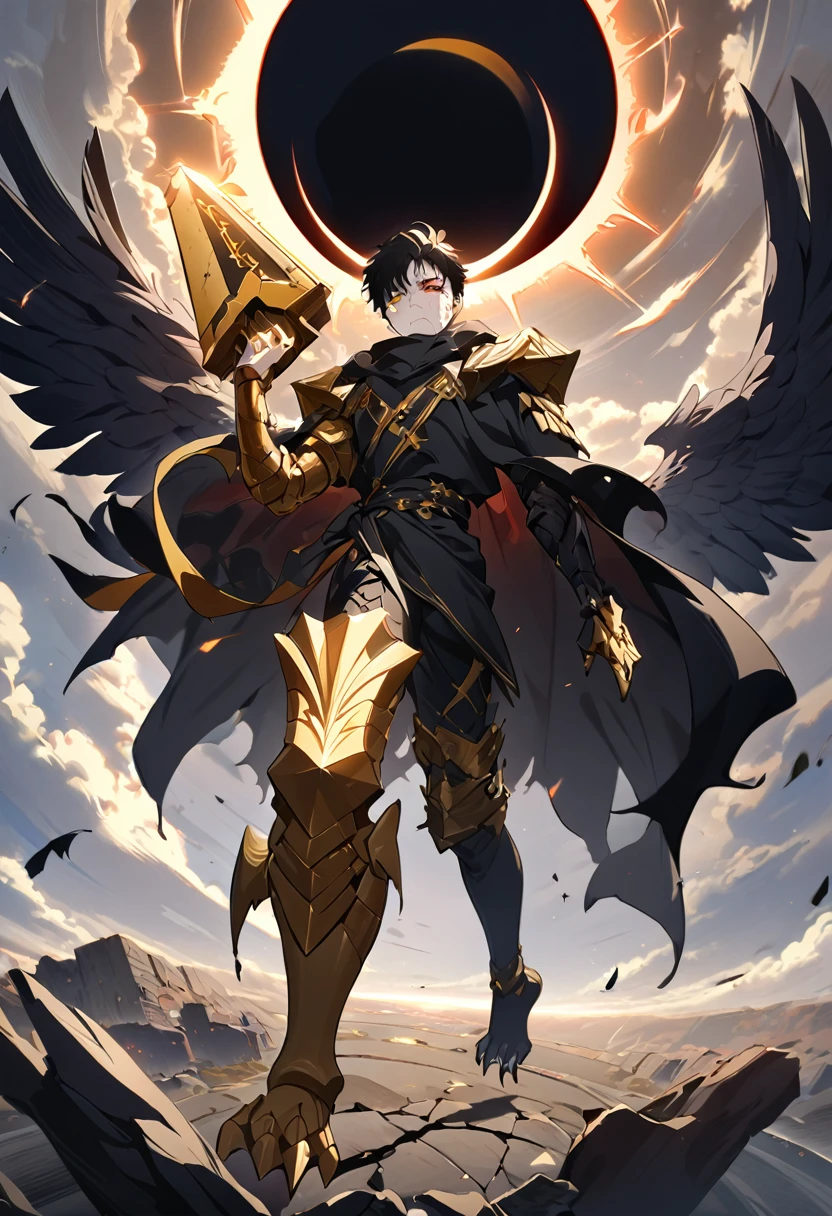 1man, adult, angel, pale skin, black hair, very short hair, white hairlocks, golden eyes, broken face, crack on the face, radiance coming from the crack, missing eye, black wings, eyed wings, bird legs, black robes, golden details, golden shoulder pads, golden prothesis in right hand, clawsprothesis, great sword on hands, eclipse, fullbody, anime style, (masterpiece), best quality,