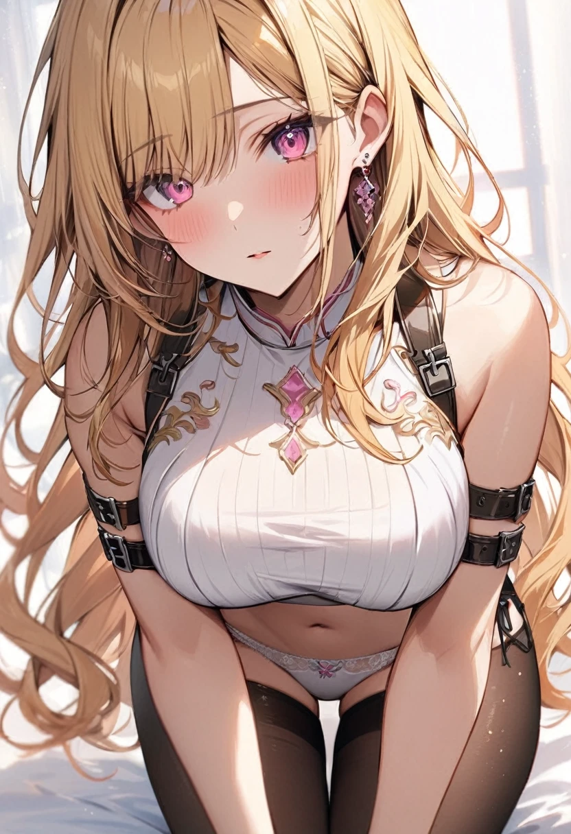 masterpiece, best quality, 1girl, solo, adult, blonde hair, long hair, earrings, pink eyes, detailed face, white crop top, large breasts, panties, stocking, arm belt, infront of viewer, empty look, 