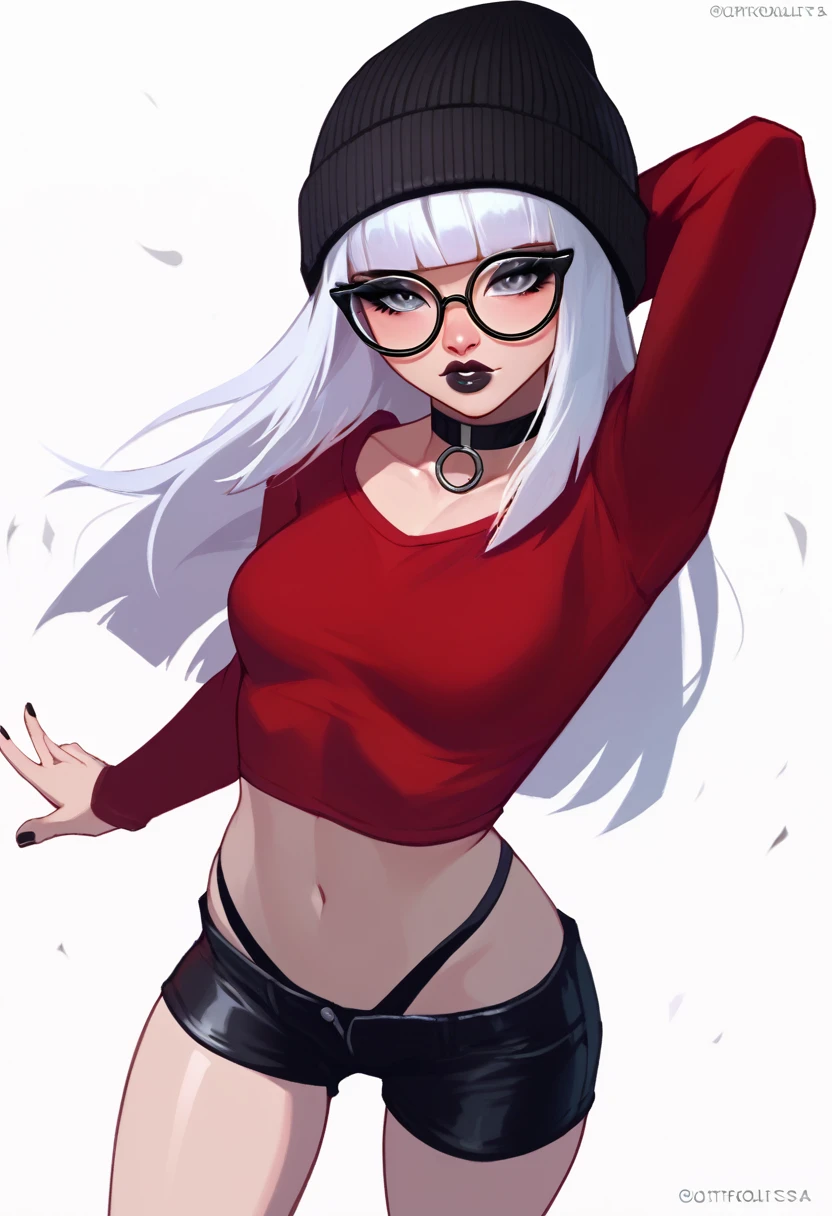 score_9, score_8_up, score_7_up, score_6_up, score_5_up, score_4_up, BREAK 1girl, white hair, hime-cut hair, straight hair, long hair, grey eyes, thick lips, small, long eyelashes, half-closed eyes, black-framed eyewear, round eyewear, black choker, blunt bangs, adult, black eyeliner, ear piercing, black lips, grey eyeshadow, looking at viewer, BREAK solo, standing, adult, skinny, highleg, arched back, from above, thigh gap, red shirt, black shorts, beanie hat, BREAK (white background:1.2), simple background, dynamic pose, dynamic angle, angled shot,