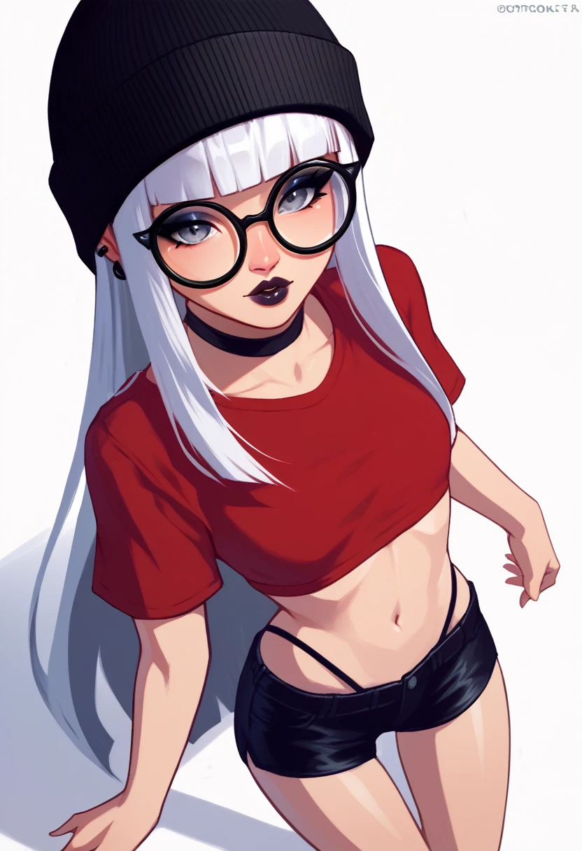 score_9, score_8_up, score_7_up, score_6_up, score_5_up, score_4_up, BREAK 1girl, white hair, hime-cut hair, straight hair, long hair, grey eyes, thick lips, small, long eyelashes, half-closed eyes, black-framed eyewear, round eyewear, black choker, blunt bangs, adult, black eyeliner, ear piercing, black lips, grey eyeshadow, looking at viewer, BREAK solo, standing, adult, skinny, highleg, arched back, from above, thigh gap, red shirt, black shorts, beanie hat, BREAK (white background:1.2), simple background, dynamic pose, dynamic angle, angled shot,
