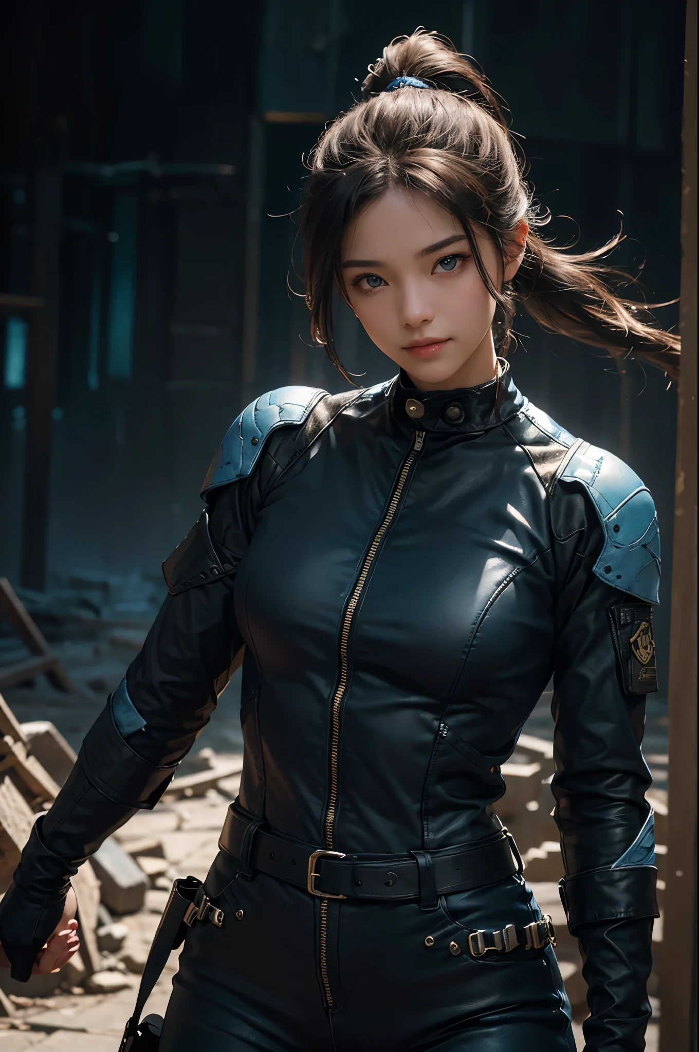 8K,younger sister,so beautiful(Like the real thing),Toned, muscular body,sexy,clear narrow eyes,black eye,Cool smile,Blue combat jacket,Black Shirt,Black combat pants,short,Compensate,Ultra-Realistic Skin,compensate,masterpiece,Photorealistic RAW photos of the highest quality。Bright colors,Rich colors, Backlight, Cinema Lighting, Film Grain, 50mm lens, Nikon D850,Detailed character art,Fantasy art,Ultra-high resolution,Ultra-Realistic Skin,Perfect hand shape,In front of the abandoned temple,Beautiful expression,close,Very small breasts,Muscular Beauty,Dynamic fighting pose,ponytail,