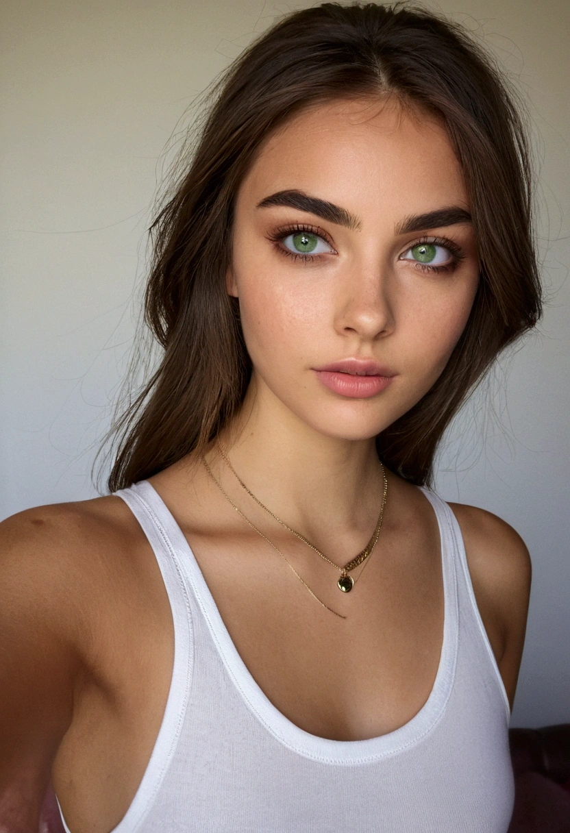 Arafed Femme portant un débardeur blanc et un collier, Fille sexy aux yeux verts, peau bronzée, Portrait Sophie Mudd, cheveux bruns et grands yeux, selfie d'une jeune femme, yeux de la chambre, Violette Myers, sans maquillage, Maquillage naturel, regardant directement la caméra, Cara con artgram, maquillage subtil, Impresionante foto de corps entier, yeux verts perçants, bel angle, pose attrayante, Mignon , pose sexy, Image du corps entier, corps entier, séance photo sur tout le corps, déesse brune, Détail élevé, Pose satisfaite, pantalon en cuir colombienne